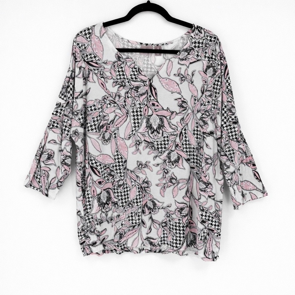 Chico's Mixed Print Top Womens XL Size 3 Pink Black Floral Houndstooth Blouse